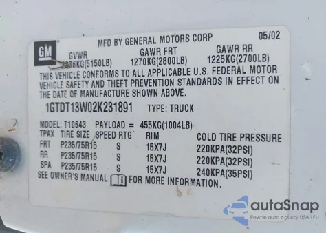 2002 GMC Sonoma from USA, damaged, VIN 1GTDT13W02K231891